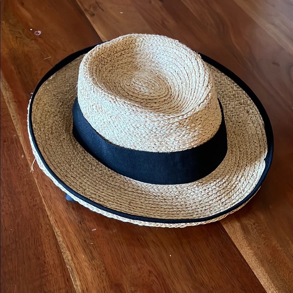 Tan and Black Raffia Fedora Hat with Medium Brim